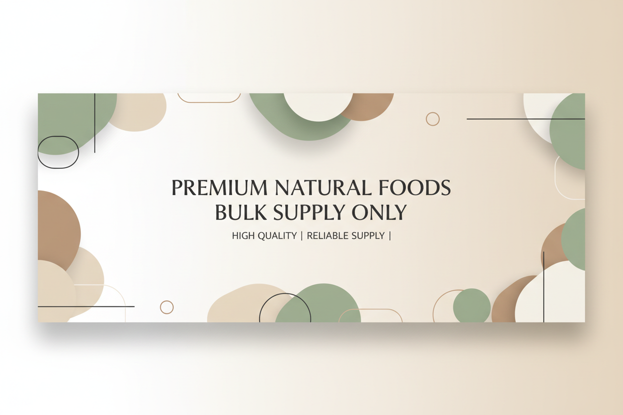 Design a sleek, premium homepage banner for Adens Foods, a bulk-only natural food supplier. Keep the design minimal and professional with a white or light-neutral gradient background. Include soft abstract shapes or clean geometric elements to add a modern premium feel — but no images or illustrations of food.

Text Layout


Large bold headline (centered):
Premium Natural Foods Bulk Supply Only

Smaller sub-text below:
High Quality | Reliable Supply |